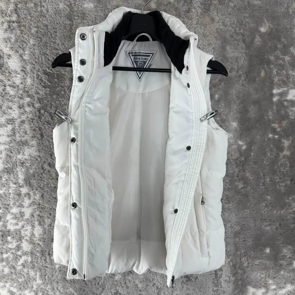 Marvin‎ Richards Size S Duck Down Puffer Vest Jacket White Mock Neck Snap Button